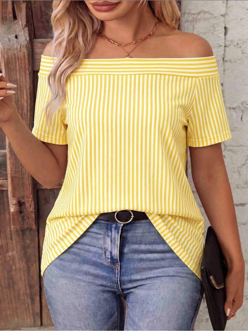 Off-Shoulder Yellow Stripes Print Women’s Top